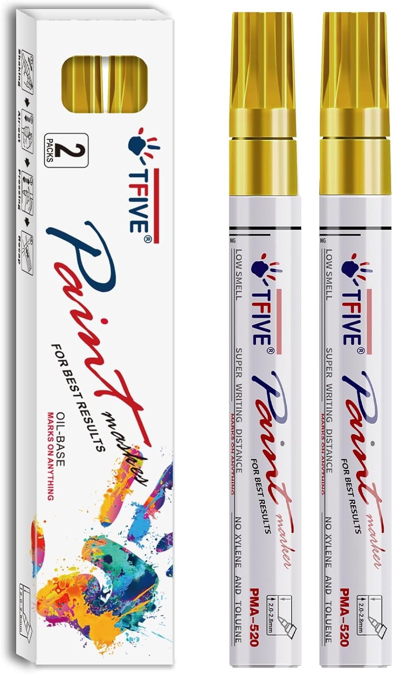 TFIVE Gold Permanent Paint Marker Pens - 2 Count Oil Based Marker Pen, Medium Tip, Waterproof & Quick Dry, for Office, Art projects, Rock Painting, Ceramic, Glass, Wood, Plastic, Metal, Canvas - Image 1